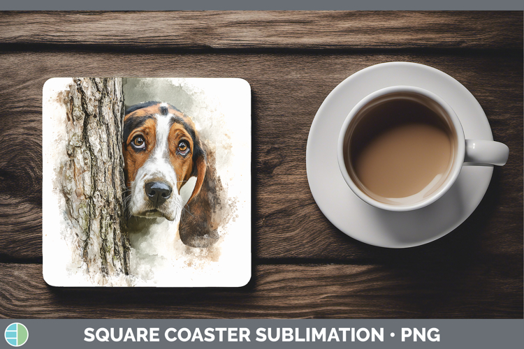 Basset Hound Dogs 03 Tree Peek Square Coaster Sublimation De