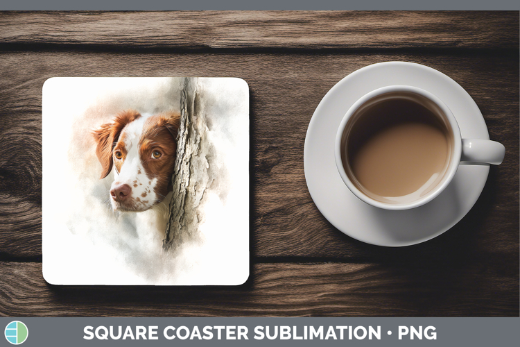 Brittany Dog Dogs 03 Tree Peek Square Coaster Sublimation De