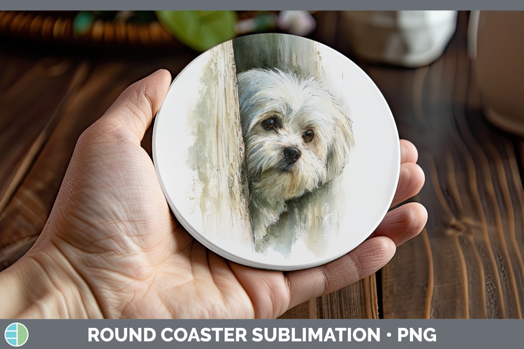 Maltese Dogs 03 Tree Peek Round Coaster Sublimation Design