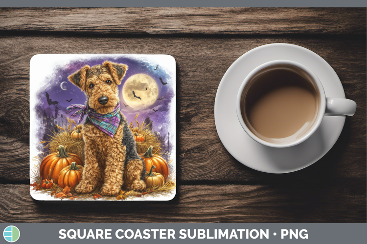 Airedale Terrier Square Coaster Dogs 04 Bandana Halloween Su