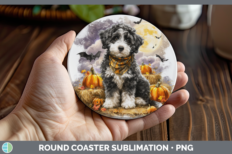 Bernedoodle Round Coaster Dogs 04 Bandana Halloween Sublimat