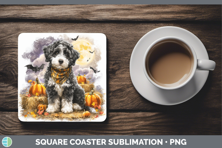 Bernedoodle Square Coaster Dogs 04 Bandana Halloween Sublima