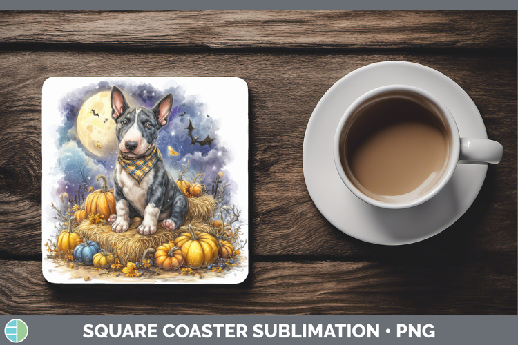 Bull Terrier Square Coaster Dogs 04 Bandana Halloween Sublim