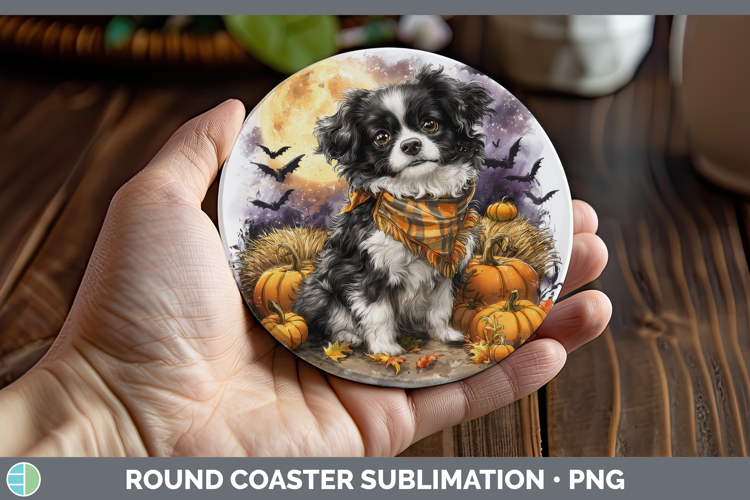 Japanese Chin Round Coaster Dogs 04 Bandana Halloween Sublim