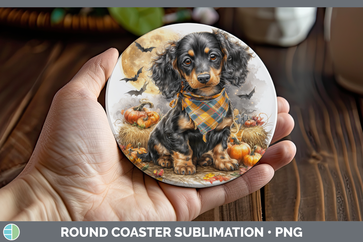 Long-haired Dachshund Round Coaster Dogs 04 Bandana Hallowee