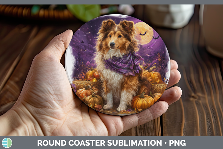 Rough Collie Round Coaster Dogs 04 Bandana Halloween Sublima
