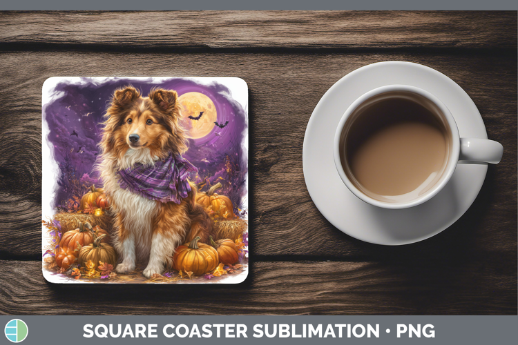 Rough Collie Square Coaster Dogs 04 Bandana Halloween Sublim