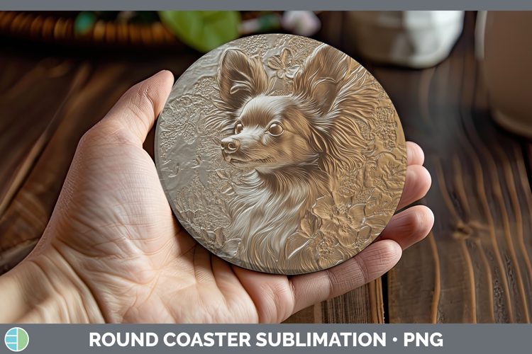 Dogs 04 Copper Relief Papillon Round Coaster Sublimation Coa