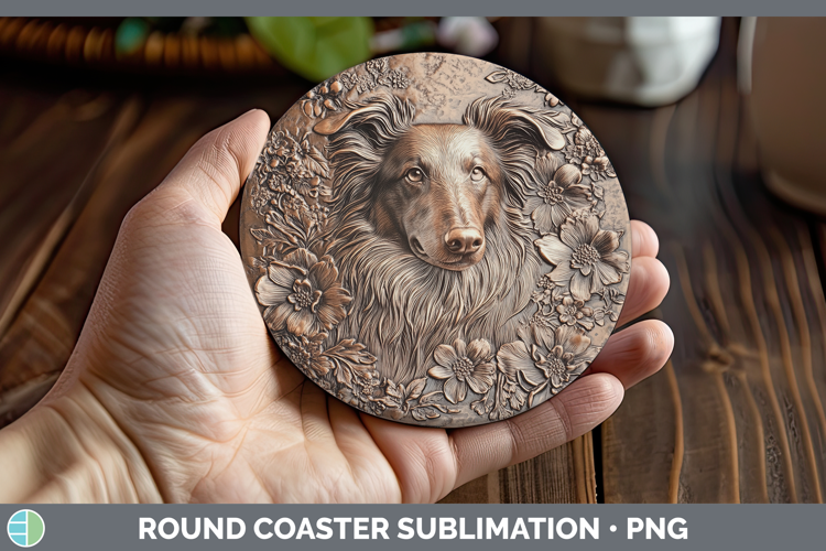 Dogs 04 Copper Relief Rough Collie Round Coaster Sublimation