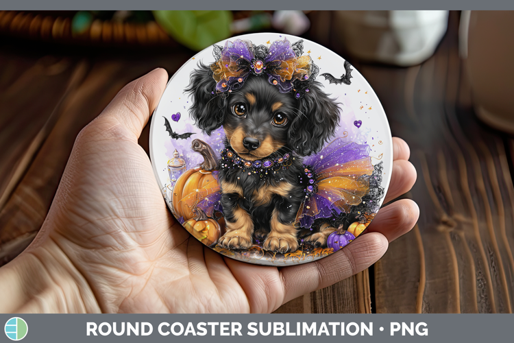 Dogs 04 Halloween Long-haired Dachshund Round Coaster Sublim