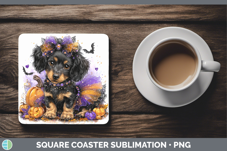 Dogs 04 Halloween Long-haired Dachshund Square Coaster Subli