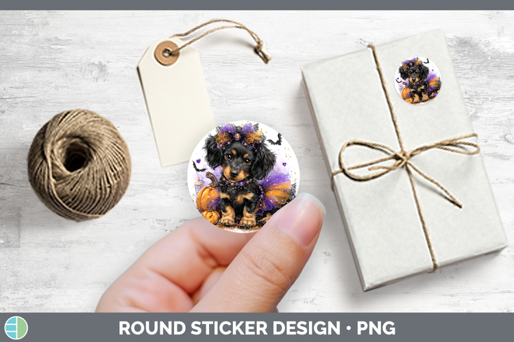 Dogs 04 Halloween Long-haired Dachshund Stickers | Round Lab