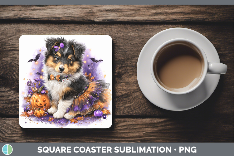 Dogs 04 Halloween Shetland Sheepdog Square Coaster Sublimati