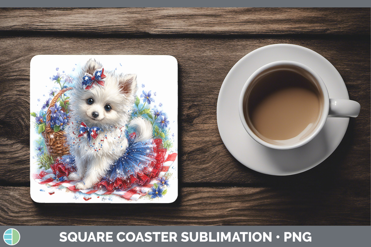 Dogs 04 Patriotic Japanese Spitz Square Coaster Sublimation
