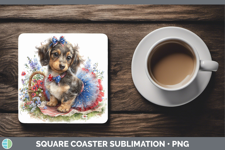 Dogs 04 Patriotic Long-haired Dachshund Square Coaster Subli