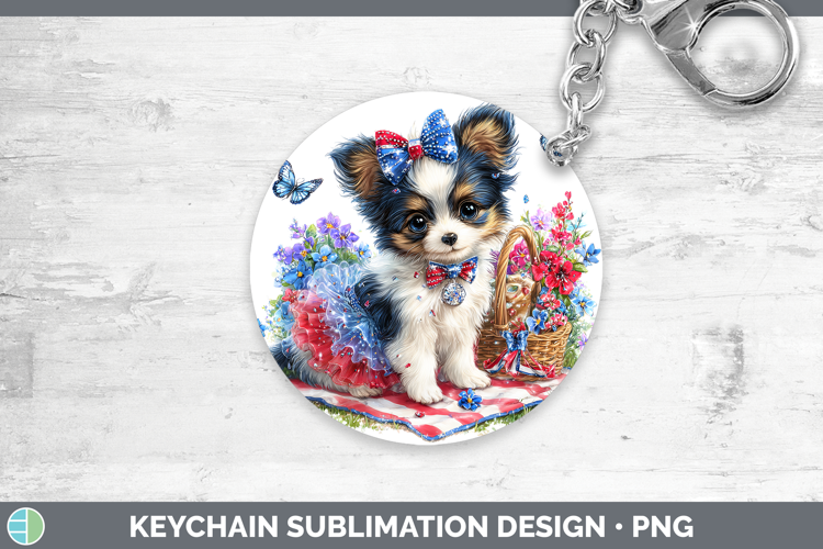 Dogs 04 Patriotic Papillon Keychain Sublimation Keyring Desi
