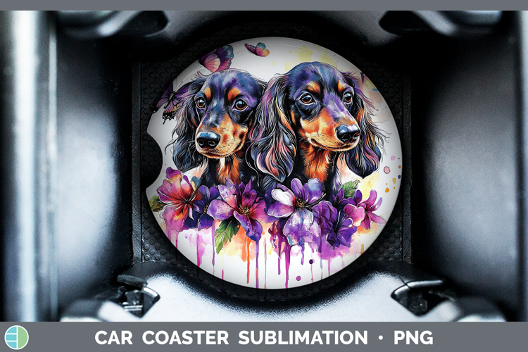 Dogs 04 Purple Drips Long-haired Dachshund Car Coaster Subli