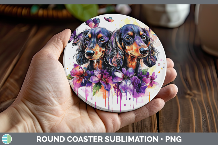Dogs 04 Purple Drips Long-haired Dachshund Round Coaster Sub