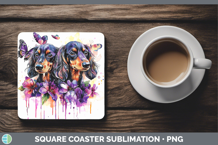 Dogs 04 Purple Drips Long-haired Dachshund Square Coaster Su