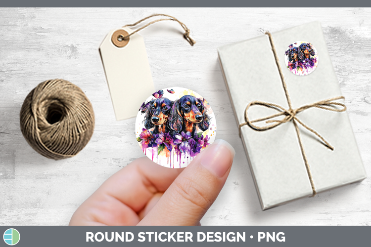 Dogs 04 Purple Drips Long-haired Dachshund Stickers | Round