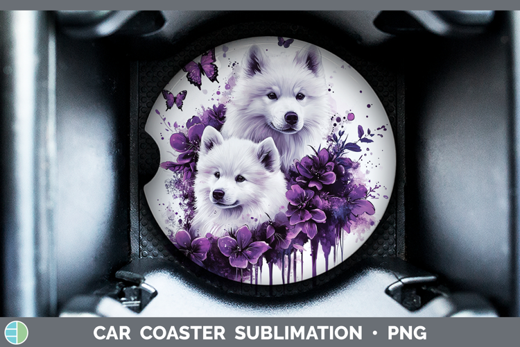 Dogs 04 Purple Drips Samoyed Car Coaster Sublimation Design