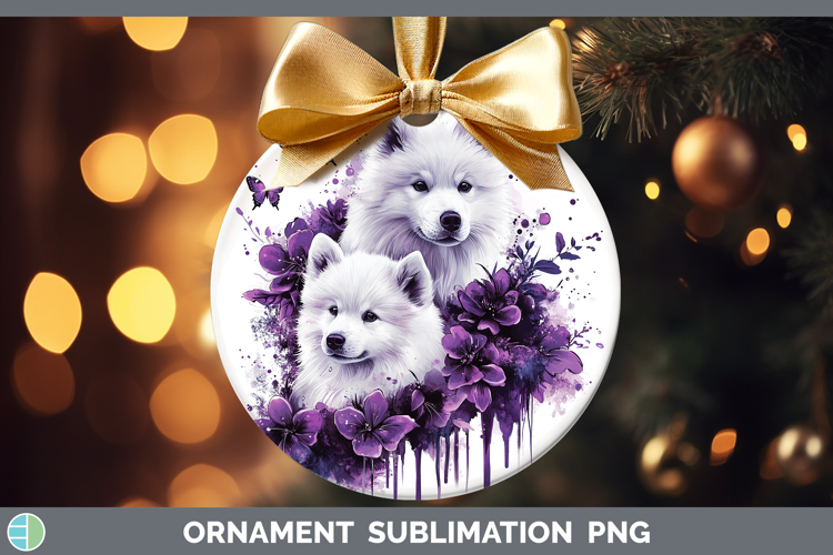 Dogs 04 Purple Drips Samoyed Ornament Sublimation Bauble Des