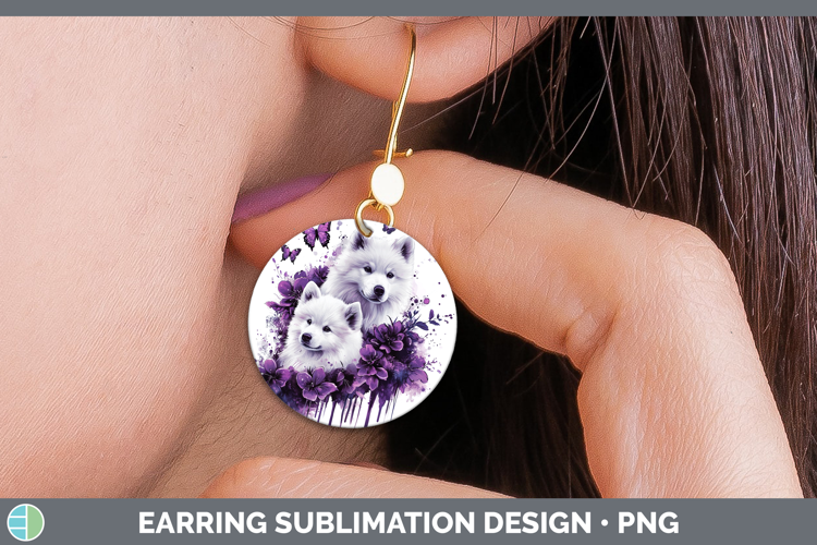 Dogs 04 Purple Drips Samoyed Round Earrings Sublimation Earr