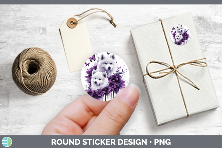 Dogs 04 Purple Drips Samoyed Stickers | Round Labels Designs