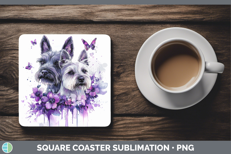Dogs 04 Purple Drips Scottish Terrier Square Coaster Sublima