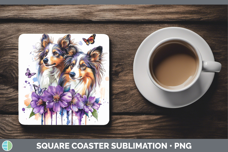 Dogs 04 Purple Drips Shetland Sheepdog Square Coaster Sublim