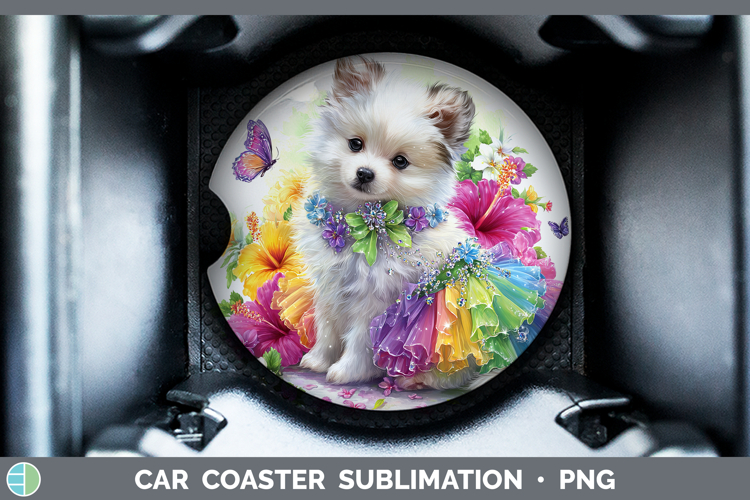 Dogs 04 Rainbow Summer Japanese Spitz Car Coaster Sublimatio