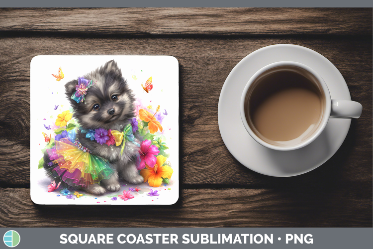 Dogs 04 Rainbow Summer Keeshond Square Coaster Sublimation C