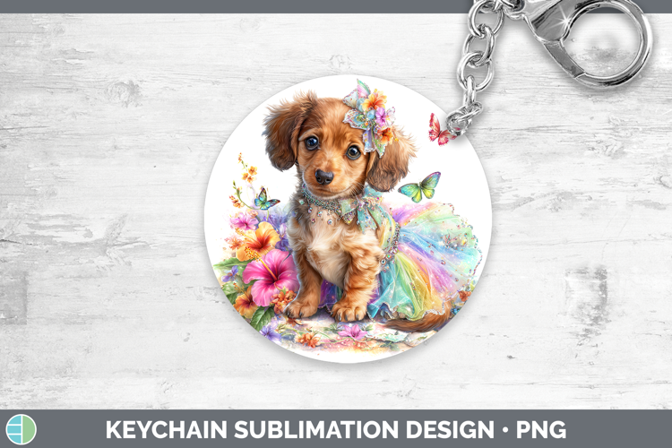 Dogs 04 Rainbow Summer Long-haired Dachshund Keychain Sublim