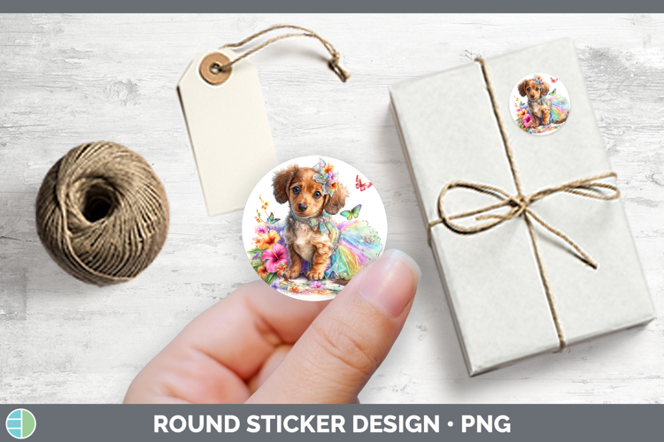 Dogs 04 Rainbow Summer Long-haired Dachshund Stickers | Roun