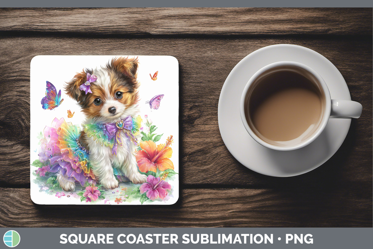 Dogs 04 Rainbow Summer Papillon Square Coaster Sublimation C