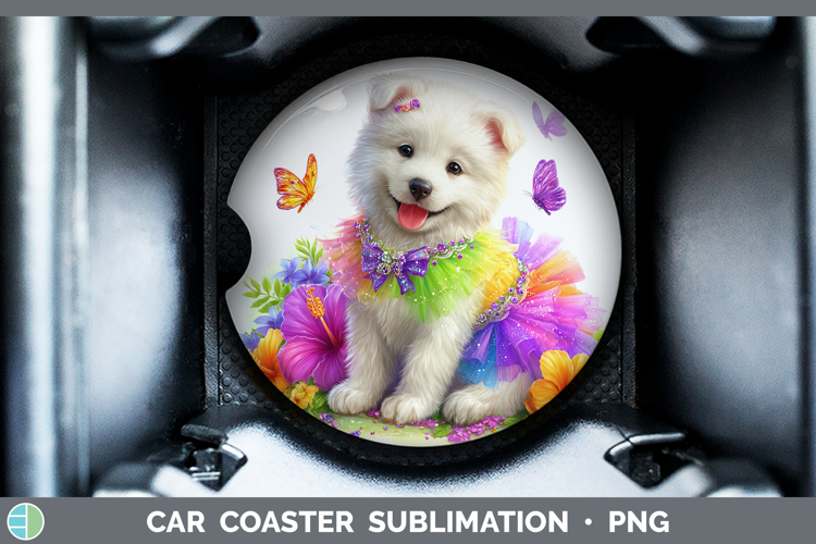 Dogs 04 Rainbow Summer Samoyed Car Coaster Sublimation Desi
