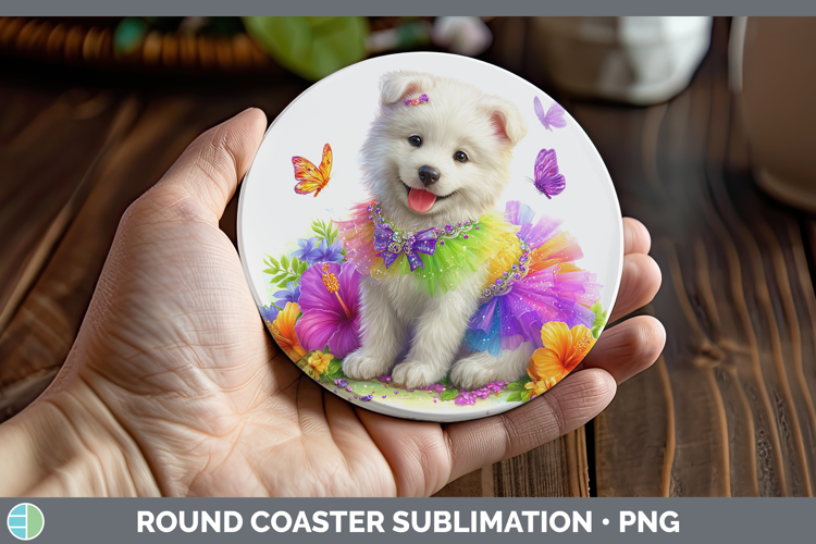 Dogs 04 Rainbow Summer Samoyed Round Coaster Sublimation Coa