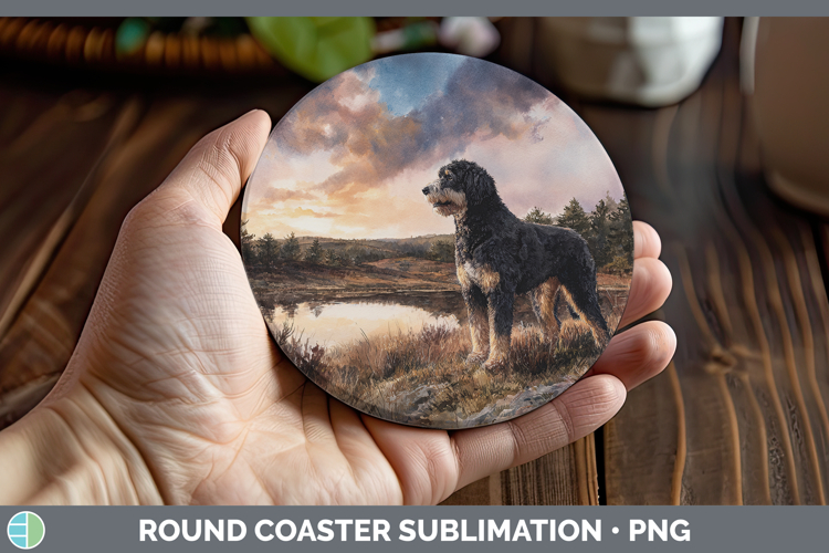 Bernedoodle Dogs 04 Sunset Round Coaster Sublimation Design