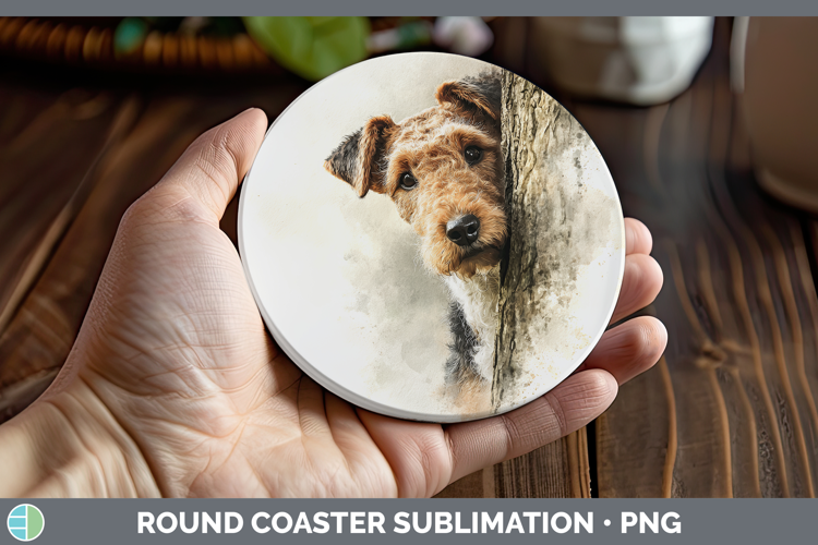 Airedale Terrier Dogs 04 Tree Peek Round Coaster Sublimation