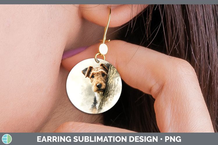 Airedale Terrier Dogs 04 Tree Peek Round Earrings Sublimatio