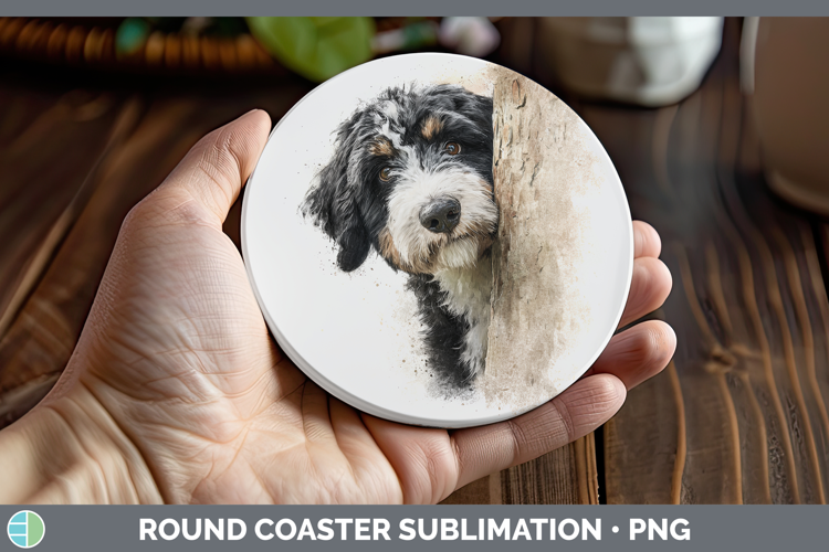 Bernedoodle Dogs 04 Tree Peek Round Coaster Sublimation Desi