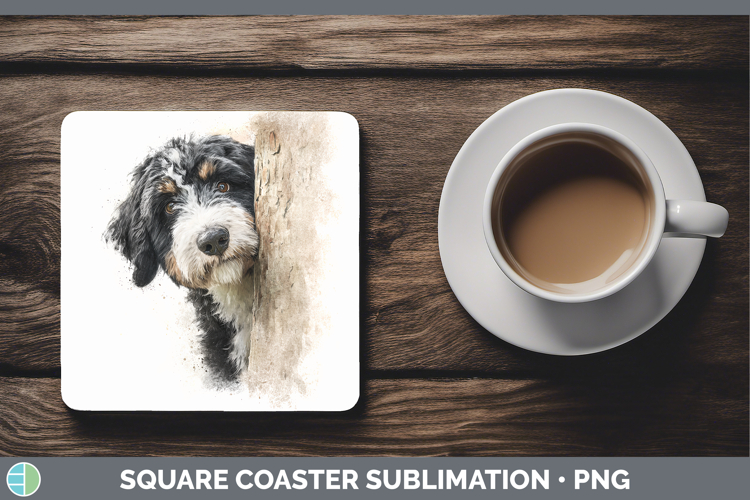 Bernedoodle Dogs 04 Tree Peek Square Coaster Sublimation Des