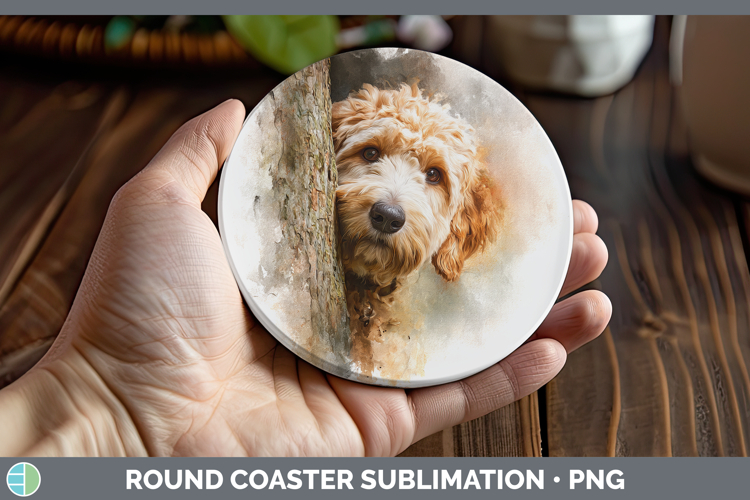 Goldendoodle Dogs 04 Tree Peek Round Coaster Sublimation Des