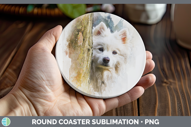 Japanese Spitz Dogs 04 Tree Peek Round Coaster Sublimation D