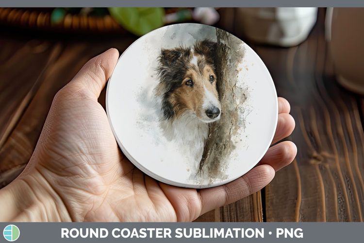 Rough Collie Dogs 04 Tree Peek Round Coaster Sublimation Des