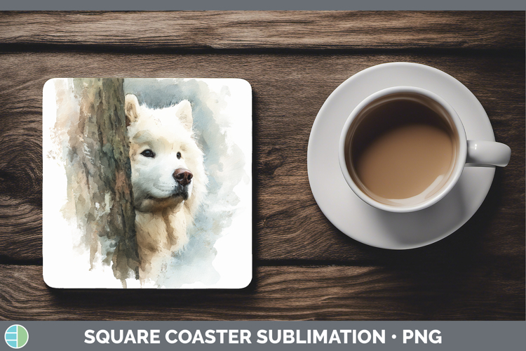 Samoyed Dogs 04 Tree Peek Square Coaster Sublimation Design