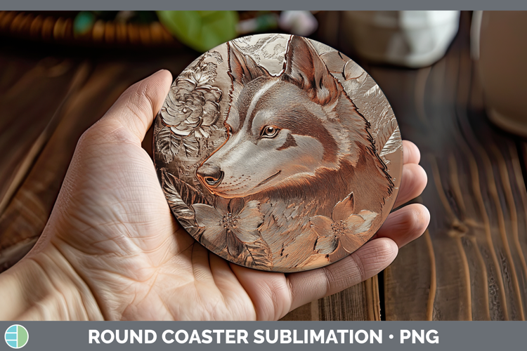 Dogs 05 Copper Relief Siberian Husky Round Coaster Sublimati
