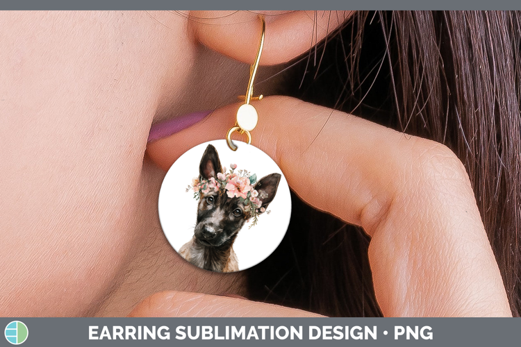 Belgian Malinois Dogs 05 Floral Crown Round Earrings Sublima