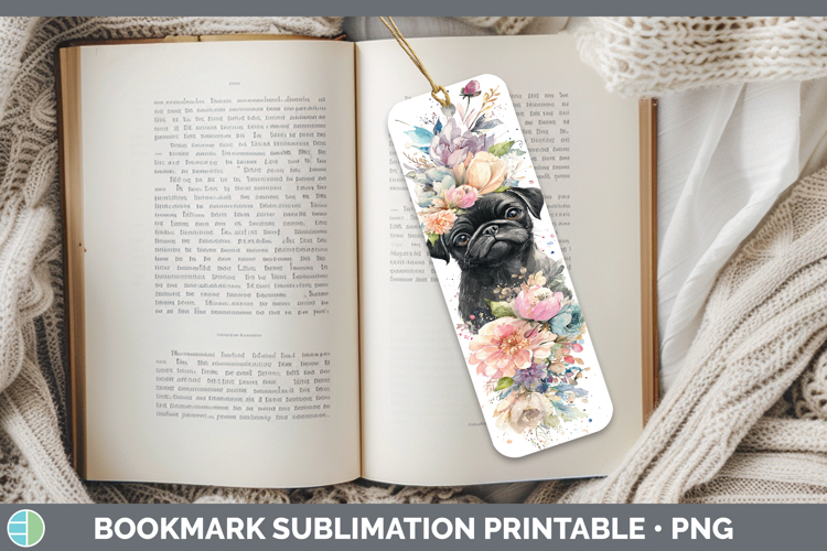 Black Pug Dogs 05 Floral Crown Bookmark Sublimation Design