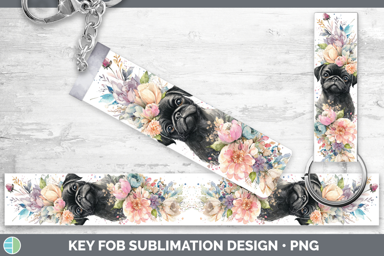 Black Pug Dogs 05 Floral Crown Key Fob Sublimation Design